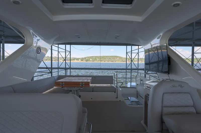 Slide: The Image of Luxurious interior of 2018 Sea Ray Fly 460 yacht with scenic water view. - 53