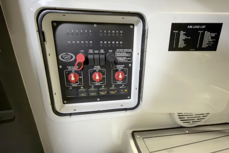 Slide: The Image of Control panel of a 2021 Cobalt A36BR boat, featuring battery switches and load list. - 16