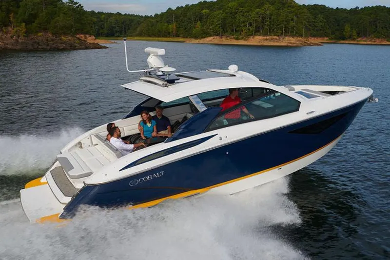 Slide: The Image of Manufacturer Provided Image: 2021 Cobalt A36BR boat interior with luxurious seating and modern design. - 3