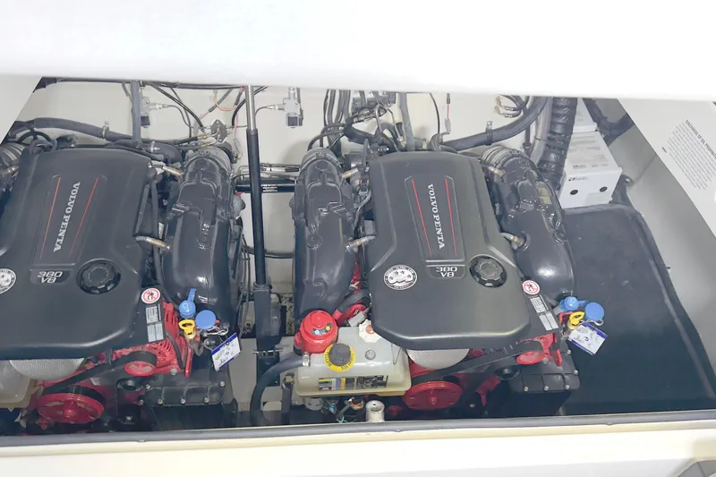 Slide: The Image of Engine compartment of a 2021 Cobalt A36BR boat with dual Volvo Penta V8 engines. - 36