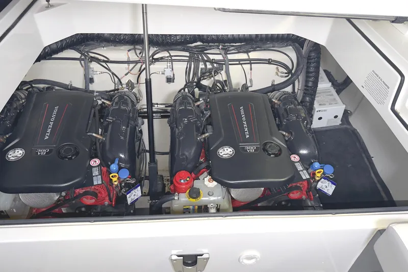 Slide: The Image of Engine compartment of 2021 Cobalt A36BR boat with dual Volvo Penta 380 V8 engines. - 37