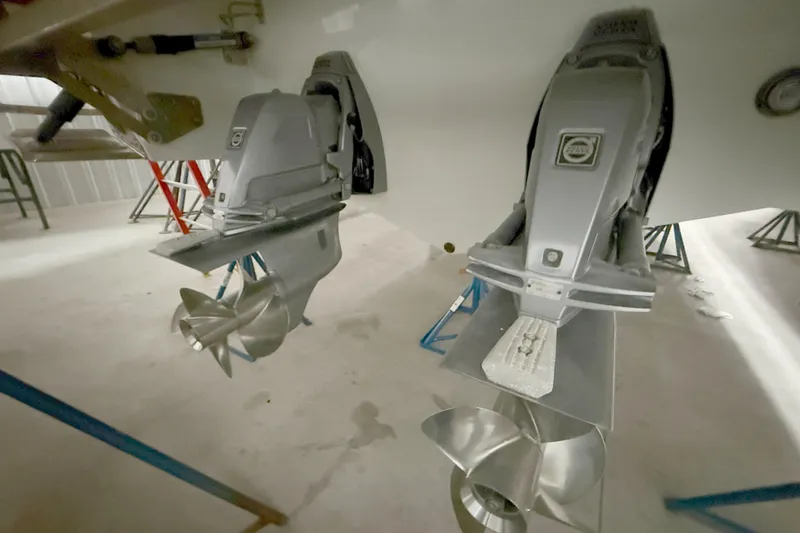 Slide: The Image of 2021 Cobalt A36BR boat propellers in a storage facility. - 42