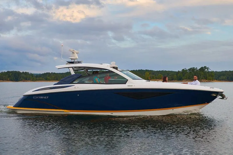 Slide: The Image of Manufacturer Provided Image: 2021 Cobalt A36BR boat interior with luxurious seating and modern design. - 5