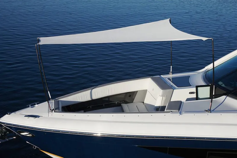 Slide: The Image of Manufacturer Provided Image: Interior cabin of a 2021 Cobalt A36BR boat with modern seating and cushions. - 7