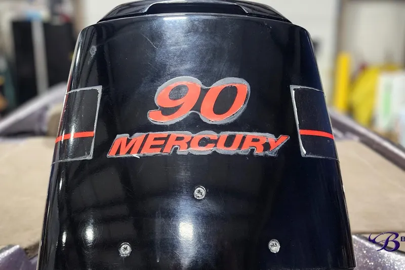 Slide: The Image of Mercury 90 outboard motor on Triton Tr-165, 2003 model, black with red accents. - 12