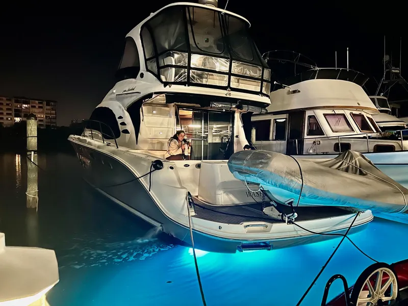 The Image of 2005 Sea Ray 500 Sedan Bridge yacht docked at night with illuminated water. - 0