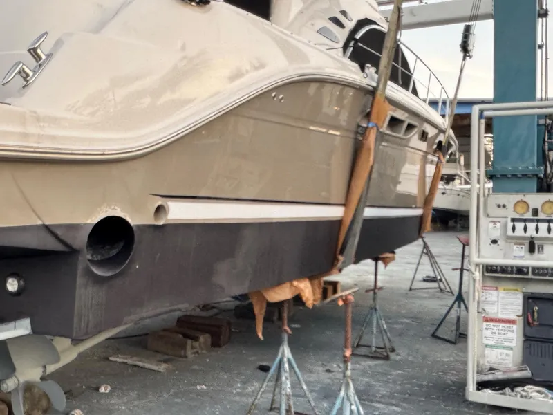 Slide: The Image of 2005 Sea Ray 500 Sedan Bridge yacht in dry dock for maintenance. - 6