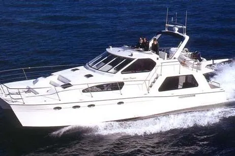 Slide: The Image of 2002 Wright Catamaran C50 Pilot House Power Catamaran docked, featuring spacious deck and green canopy. - 1