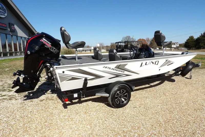Slide: The Image of 2026 Lund 1875 Renegade boat on trailer, featuring sleek design and powerful outboard motor. - 7