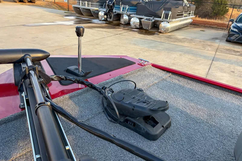 Slide: The Image of 2020 Tracker Bass Tracker Classic XL boat deck with trolling motor and foot pedal. - 8