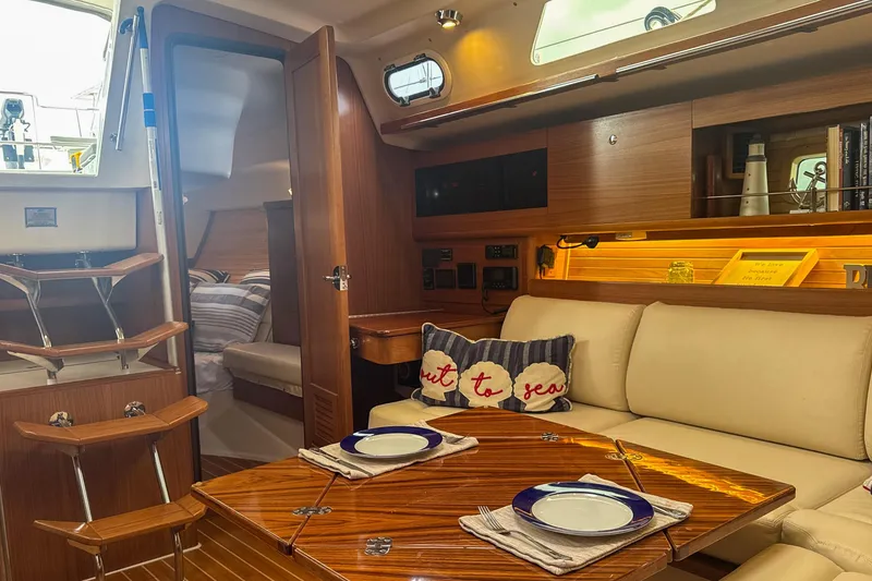 Slide: The Image of Solar panels on a 2022 Catalina 385 sailboat deck, harnessing renewable energy. - 39