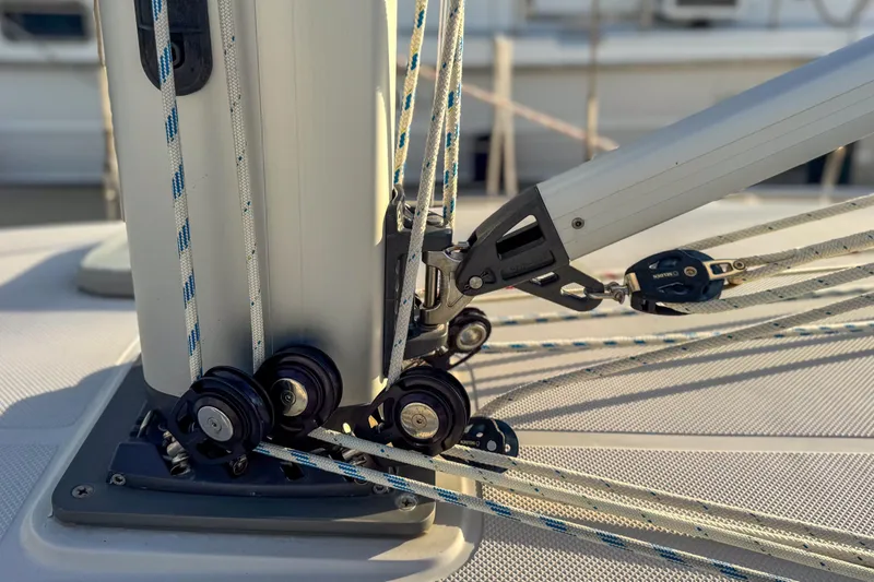 Slide: The Image of Catalina 385 yacht 12VDC distribution panel, 2022 model, showing line voltage and load current. - 49