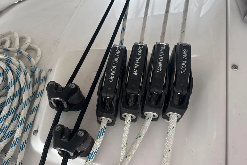 Slide: The Image of Close-up of Catalina 385 sailboat rigging hardware, 2022 model, showing stainless steel fittings. - 72