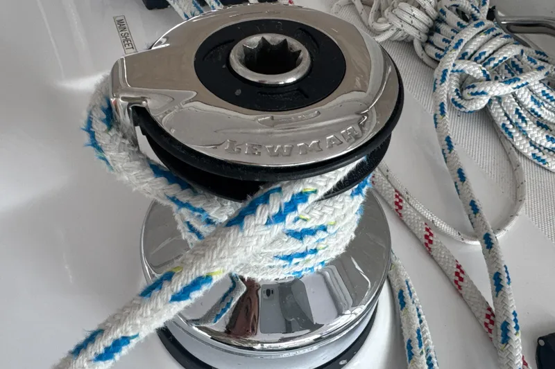 Slide: The Image of Lifesling 2 overboard rescue system on Catalina 385 yacht, docked at marina. - 73