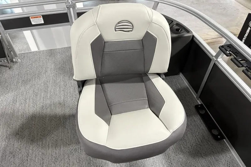 Slide: The Image of 2026 Sun Tracker Bass Buggy 18 DLX boat seat, featuring gray and white upholstery. - 6
