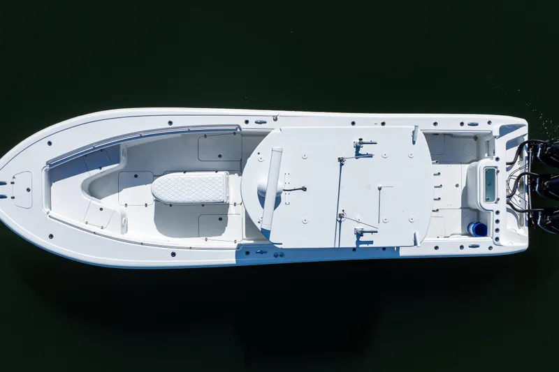 Slide: The Image of Overhead view of 2014 Yellowfin 36 Offshore boat on water. - 8