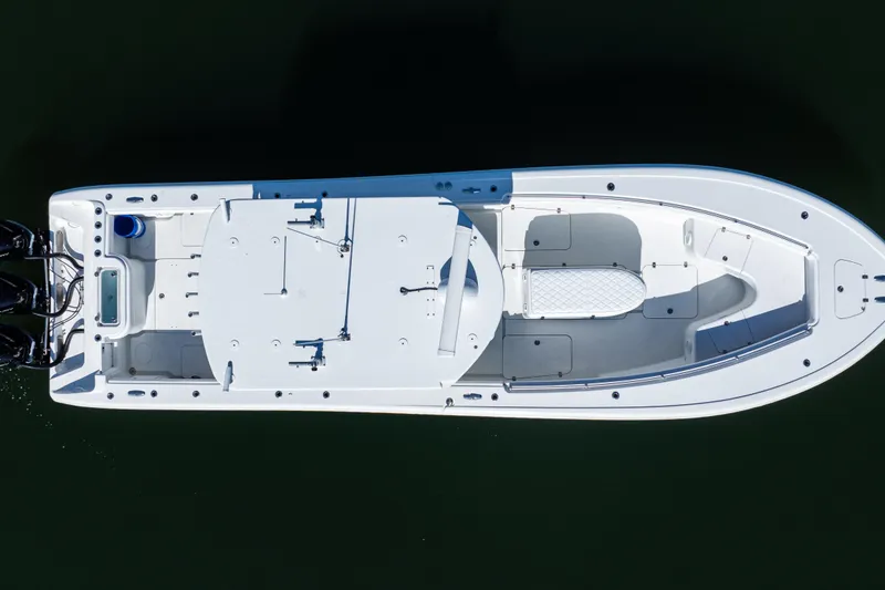 Slide: The Image of Overhead view of 2014 Yellowfin 36 Offshore boat on calm water. - 9