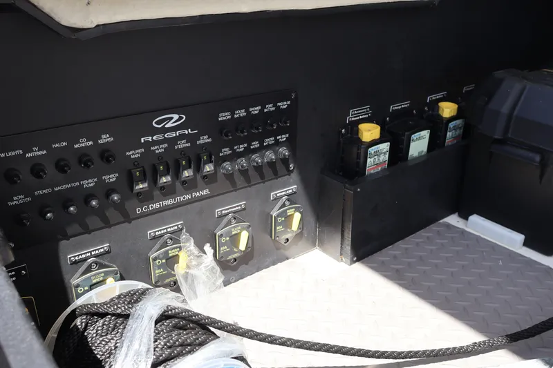 Slide: The Image of Electrical control panel of 2022 Regal 38 SAV boat, featuring various switches and circuit breakers. - 29