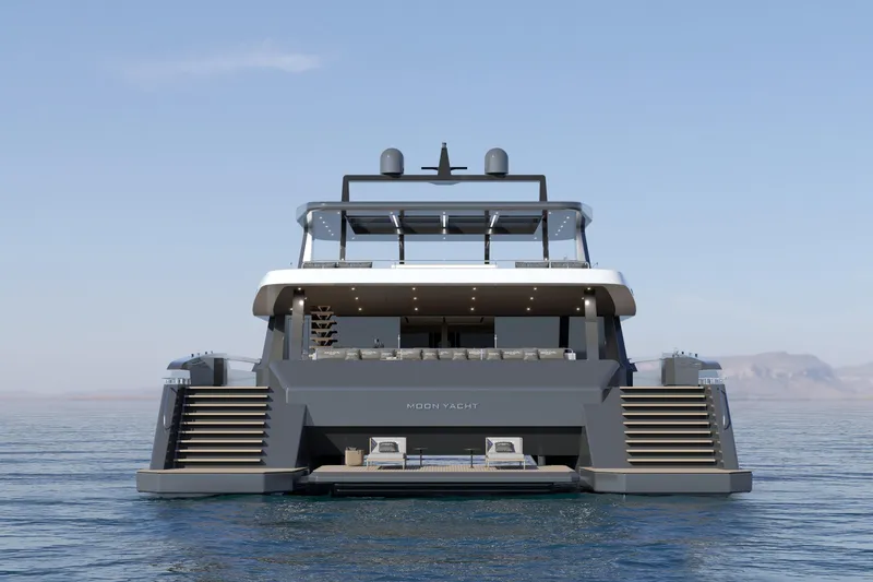 Slide: The Image of Luxury Moon 9ty yacht, 2027 model, on serene water with modern design. - 10