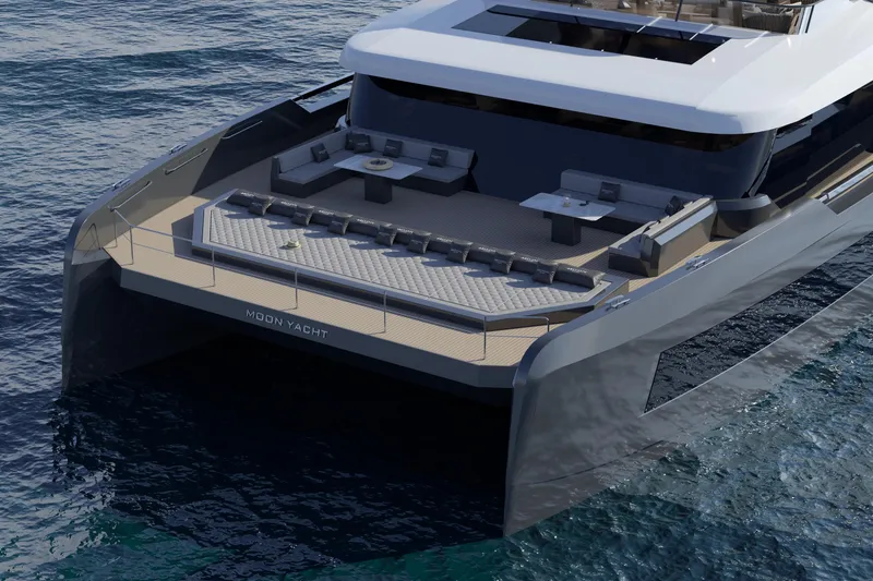 Slide: The Image of Luxurious Moon 9ty yacht, 2027 model, featuring spacious deck and modern design on the water. - 11