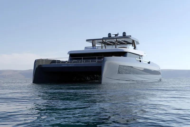 Slide: The Image of Luxurious Moon 9ty yacht from 2027 on serene water, showcasing sleek modern design. - 21