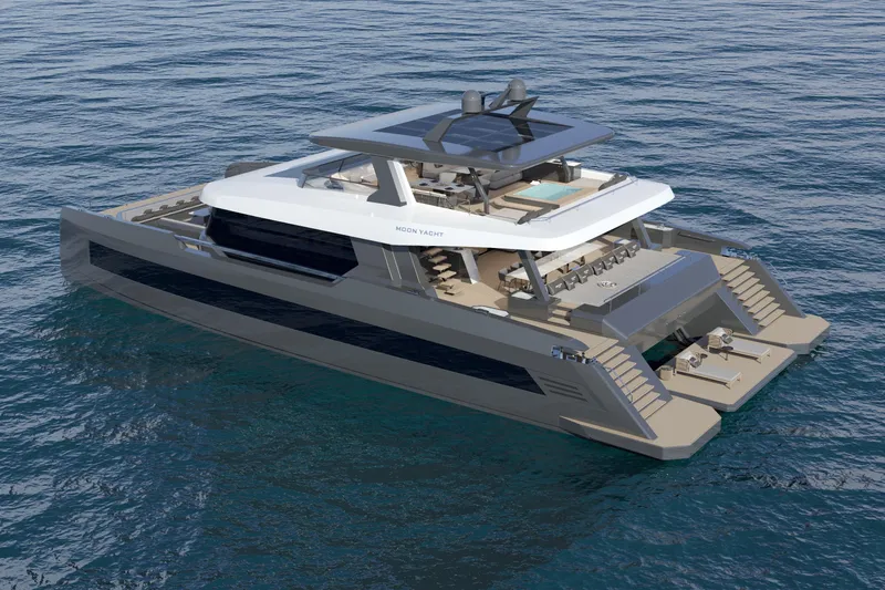 Slide: The Image of Luxurious 2027 Moon 9ty yacht on serene ocean waters, showcasing modern design and spacious decks. - 27