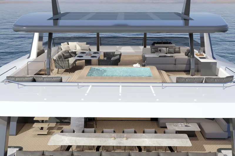 Slide: The Image of Luxurious Moon 9ty yacht (2027) with spacious deck, pool, and elegant seating areas. - 29