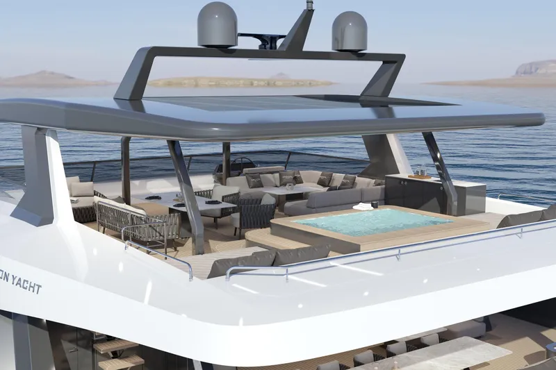 Slide: The Image of Luxurious 2027 Moon 9ty yacht with spacious deck, seating, and jacuzzi on calm waters. - 3