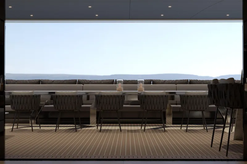 Slide: The Image of Luxurious Moon 9ty yacht interior, 2027 model, featuring elegant dining area with panoramic views. - 35