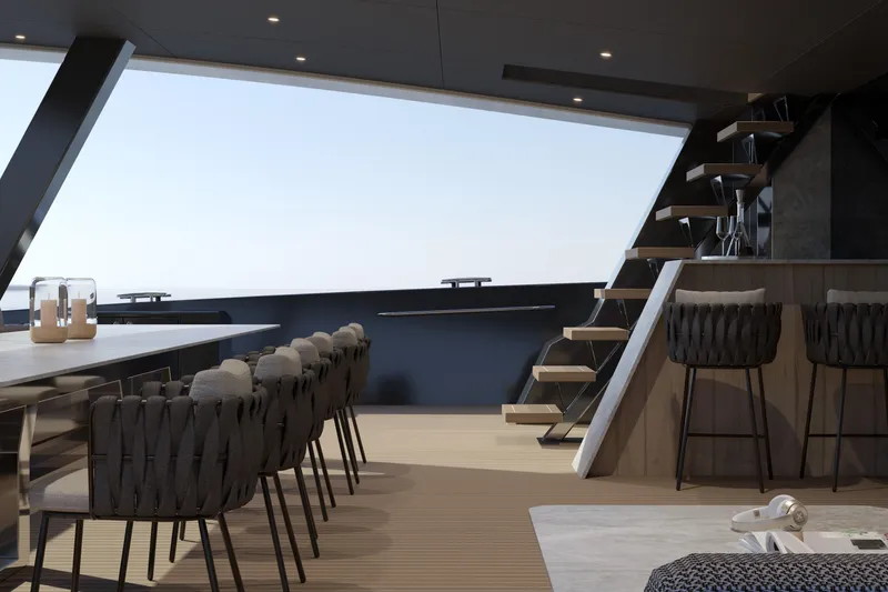 Slide: The Image of Luxurious interior of 2027 Moon 9ty yacht with modern seating and elegant staircase. - 37