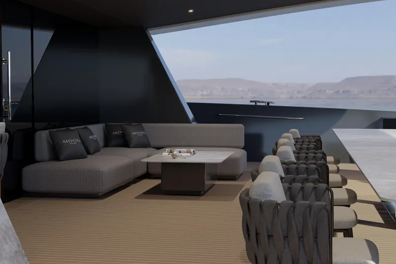 Slide: The Image of Luxurious interior of 2027 Moon 9ty yacht with modern seating and scenic views. - 38