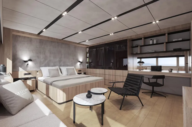 Slide: The Image of Luxurious modern bedroom interior on Moon 9ty yacht, 2027 model, featuring sleek design and elegant furnishings. - 42