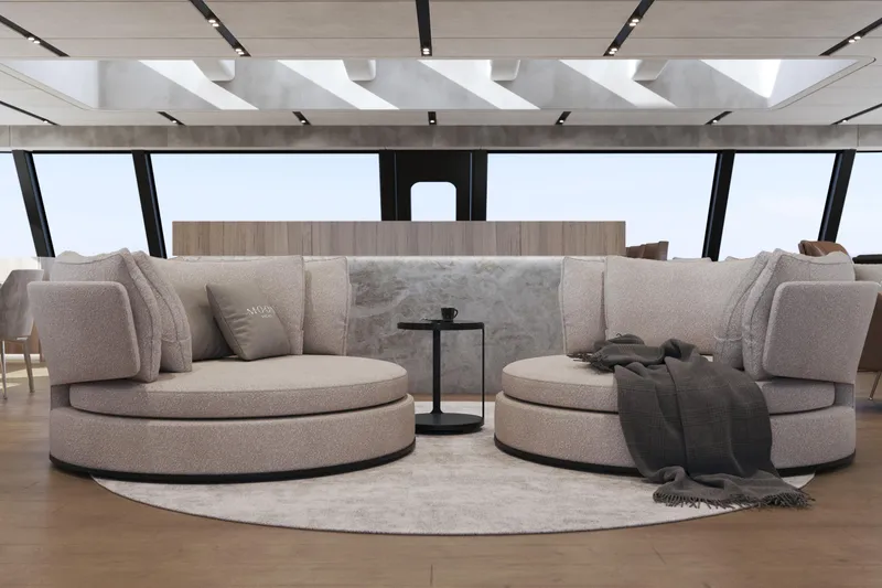 Slide: The Image of Luxurious Moon 9ty 2027 yacht interior with modern round sofas and elegant decor. - 46