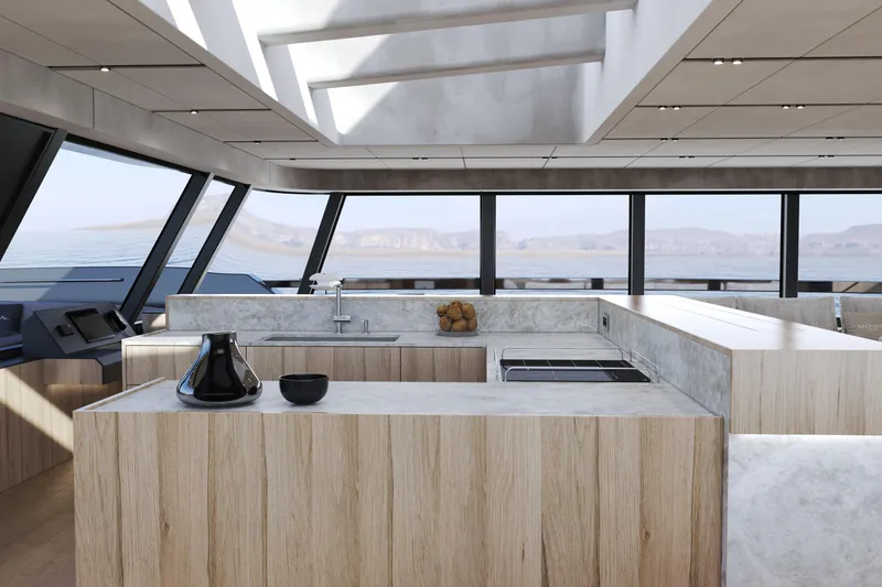 Slide: The Image of Luxurious yacht kitchen interior in Moon 9ty, 2027 model, featuring modern design and panoramic windows. - 48