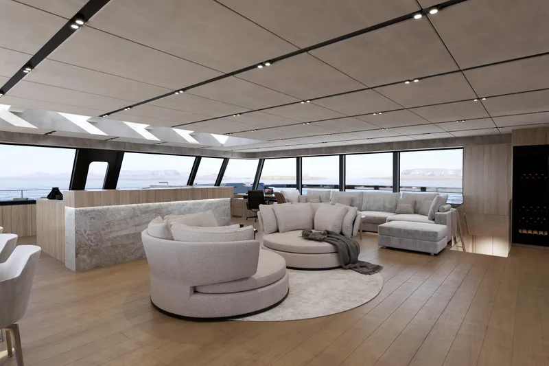 Slide: The Image of Luxurious interior of 2027 Moon 9ty yacht with modern seating and panoramic windows. - 50