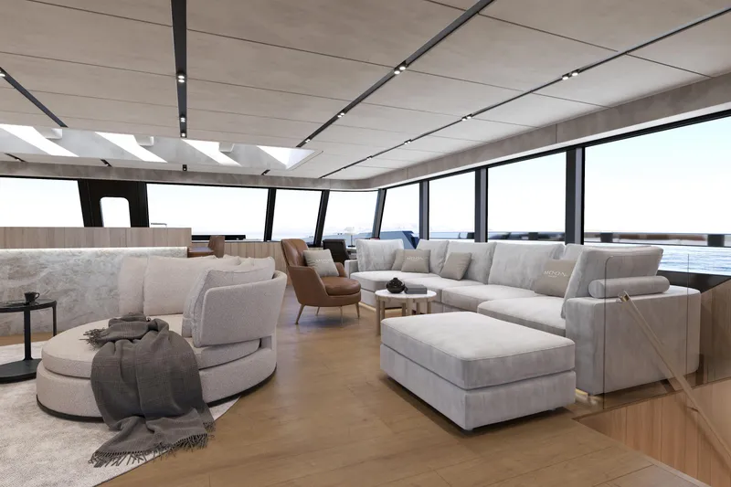 Slide: The Image of Luxurious interior of 2027 Moon 9ty yacht with modern seating and panoramic windows. - 52