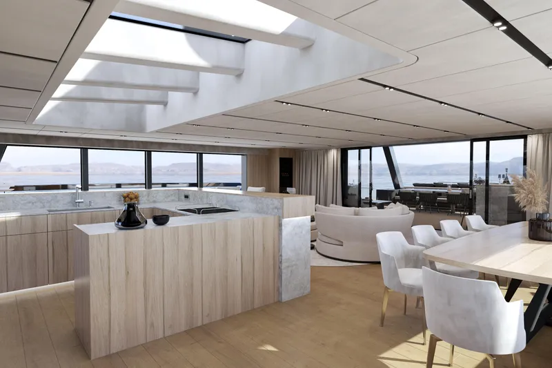 Slide: The Image of Luxurious interior of 2027 Moon 9ty yacht with modern kitchen and panoramic windows. - 53