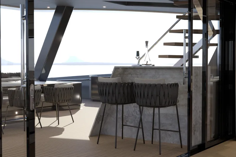 Slide: The Image of Luxurious yacht interior with modern bar stools and sleek staircase, Moon 9ty 2027 model. - 54