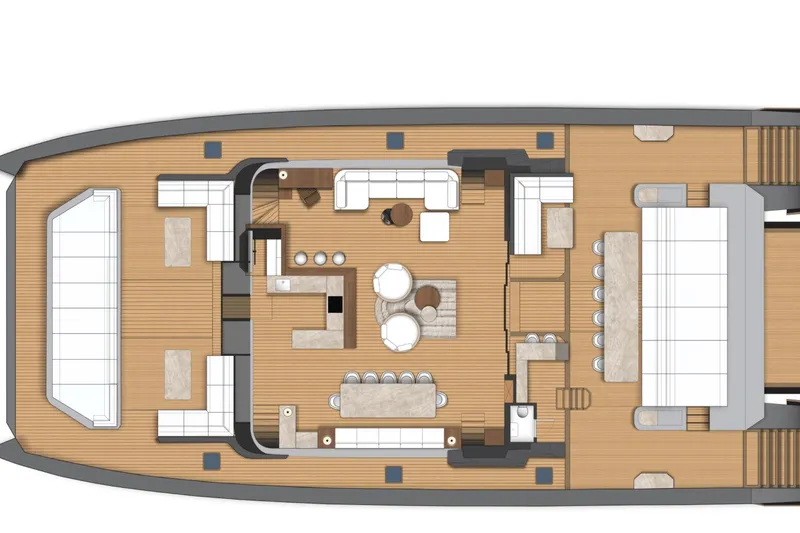 Slide: The Image of Top view of 2027 Moon 9ty yacht interior layout, featuring spacious seating and dining areas. - 56