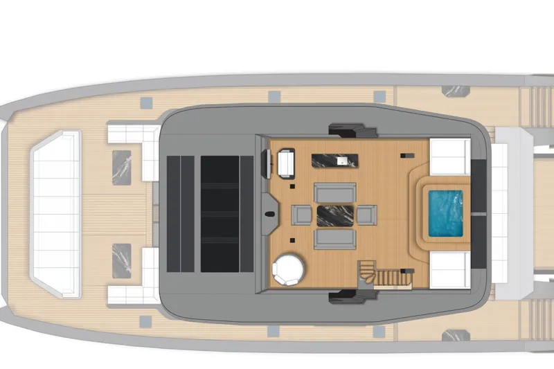 Slide: The Image of Top view of 2027 Moon 9ty yacht deck layout with seating and jacuzzi. - 58