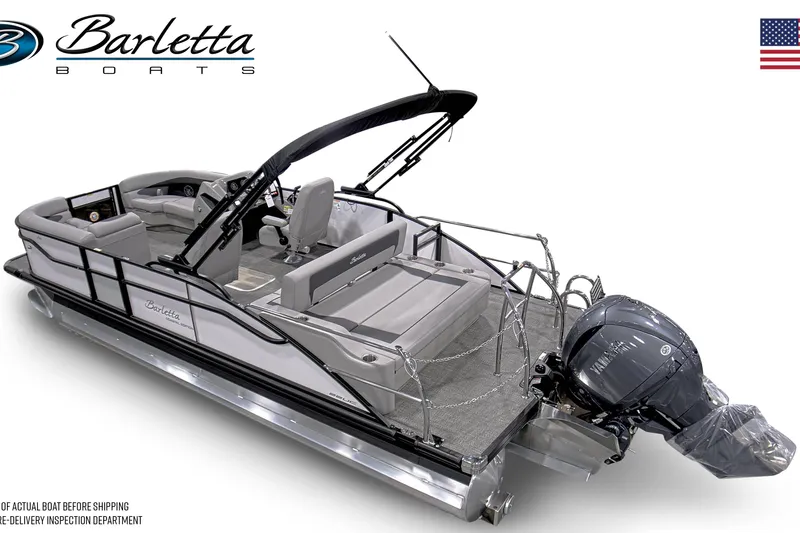 Slide: The Image of 2026 Barletta ARIA 22UC pontoon boat with Yamaha outboard motor, sleek design, and spacious seating. - 1