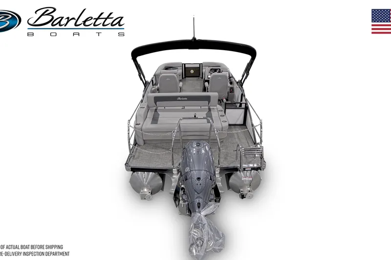 Slide: The Image of 2026 Barletta ARIA 22UC pontoon boat, rear view with seating and motor, logo visible. - 2