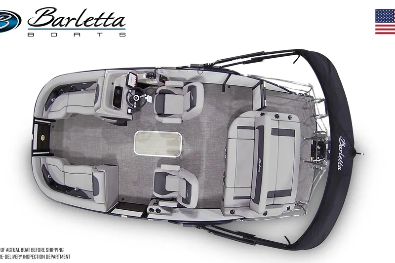 Slide: The Image of 2026 Barletta ARIA 22UC pontoon boat, top view, showcasing seating and helm layout. - 7