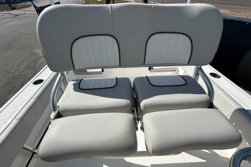 Slide: The Image of 2022 Sea Fox 206 Commander boat seating with cushioned backrest and armrests. - 47