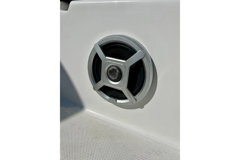 Slide: The Image of 2019 Hurricane SunDeck Sport 201 OB boat speaker detail, white interior. - 37