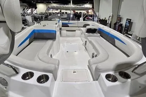Slide: The Image of 2019 Hurricane SunDeck Sport 201 OB boat interior with spacious seating and cup holders. - 4