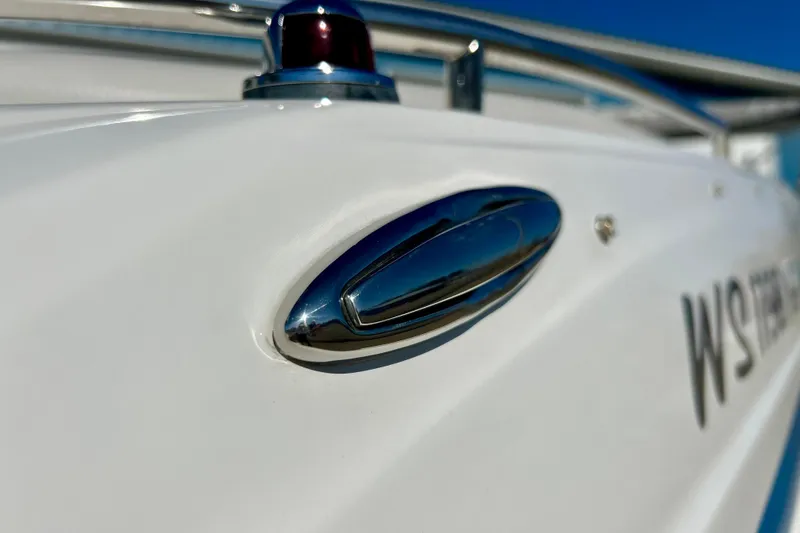 Slide: The Image of Close-up of 2019 Hurricane SunDeck Sport 201 OB boat's sleek chrome detail. - 62