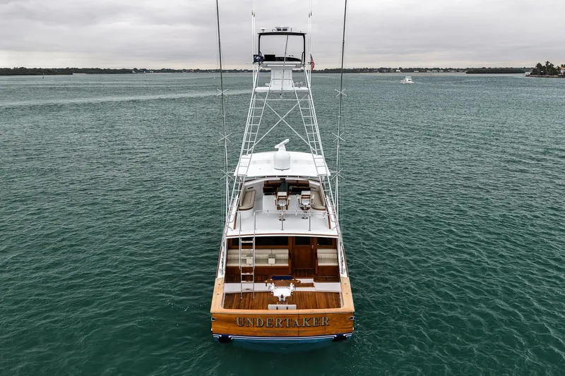 Slide: The Image of Aerial view of 1997 Merritt 58 yacht "Undertaker" on calm waters. - 36