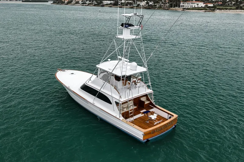 Slide: The Image of Aerial view of 1997 Merritt 58 yacht on calm ocean waters. - 37