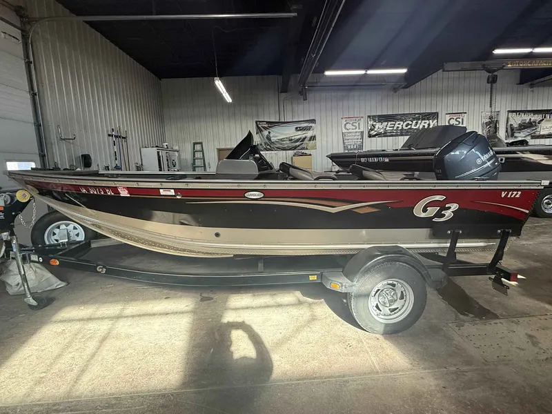 The Image of 2011 G3 V172 FS boat in a garage, side view. - 1